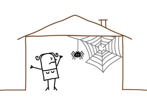 A simple line drawing of a small person standing in a house with a spider web and spider in the corner.
