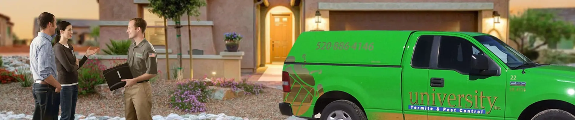 Pest control technician talking with a couple outside a house, with a green company truck parked nearby.