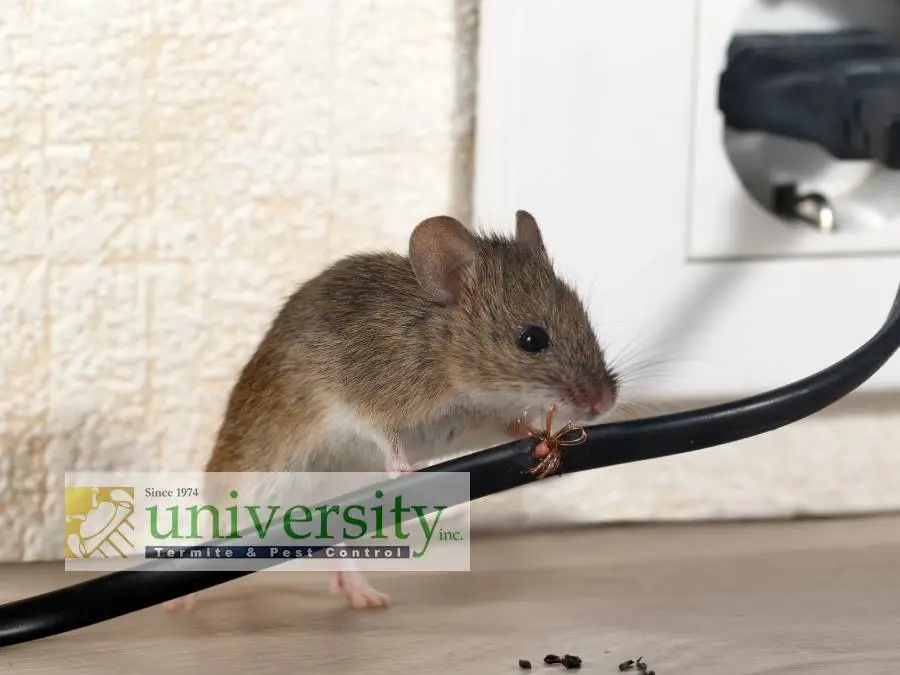 A mouse gnawing on a black wire near an electrical outlet in a home, with a University Termite & Pest Control logo.