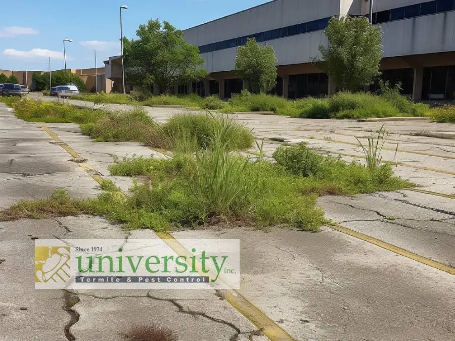 Abandoned parking lot with overgrown weeds and cracks, adjacent to a commercial building, with a University Termite & Pest Control sign.