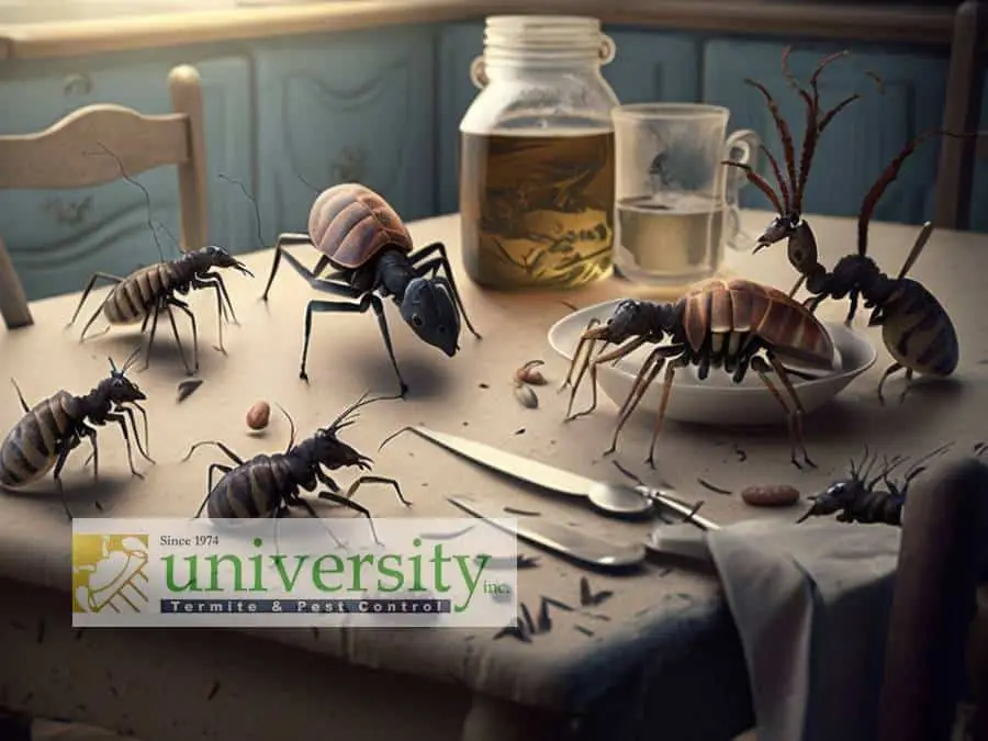 Giant bugs on a kitchen table with scattered food, utensils, and a pest control company logo in the corner.