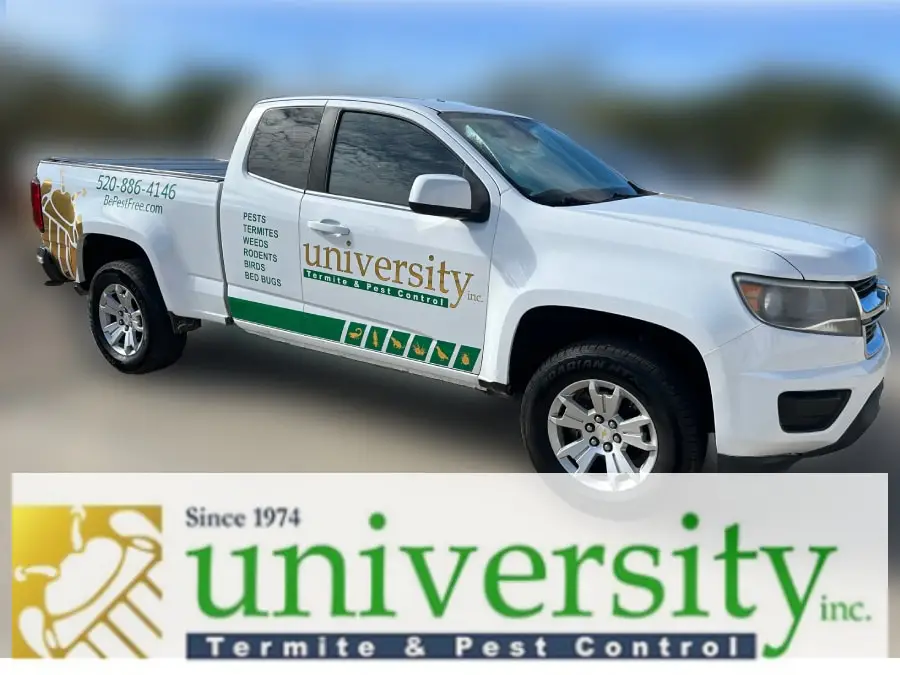 White truck with "University Termite & Pest Control" logo and services listed on the side, including pests, termites, and weeds.