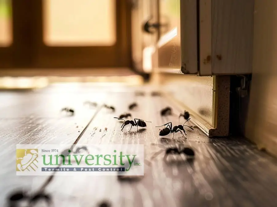 Ants crawling on a floor near a door; logo of University Termite & Pest Control is visible in the foreground.