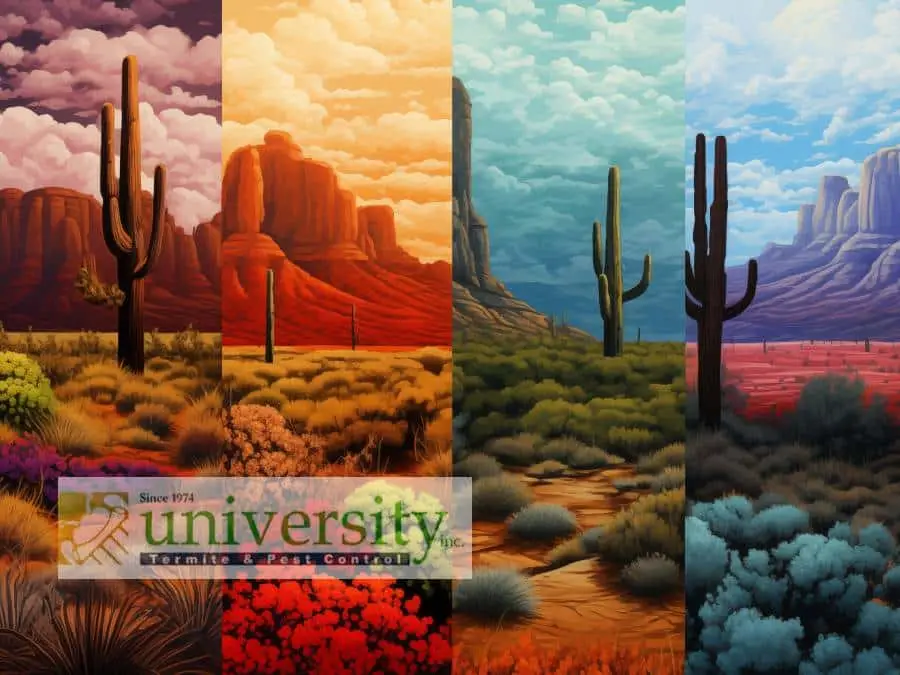 Four desert landscapes at different times of day, featuring cacti and mountains. University Termite & Pest Control logo.