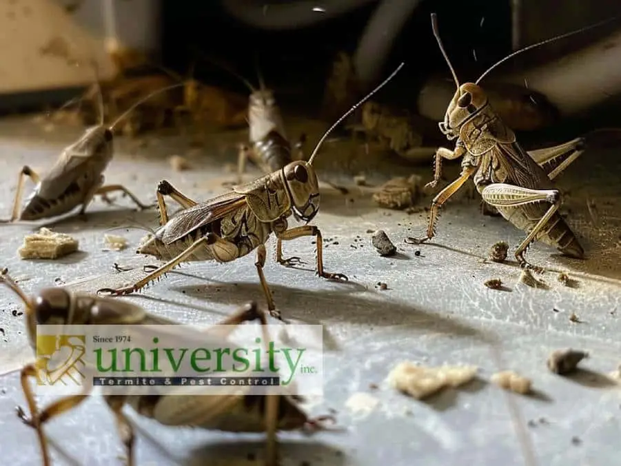 Close-up of several grasshoppers inside a room with debris, promoting University Termite & Pest Control.