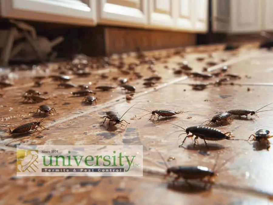 A kitchen floor is infested with numerous cockroaches, possibly due to a cricket infestation. A branded sign with the text "Since 1974, University Termite & Pest Control" is overlaid on the lower left corner of the image. The background shows kitchen cabinets.