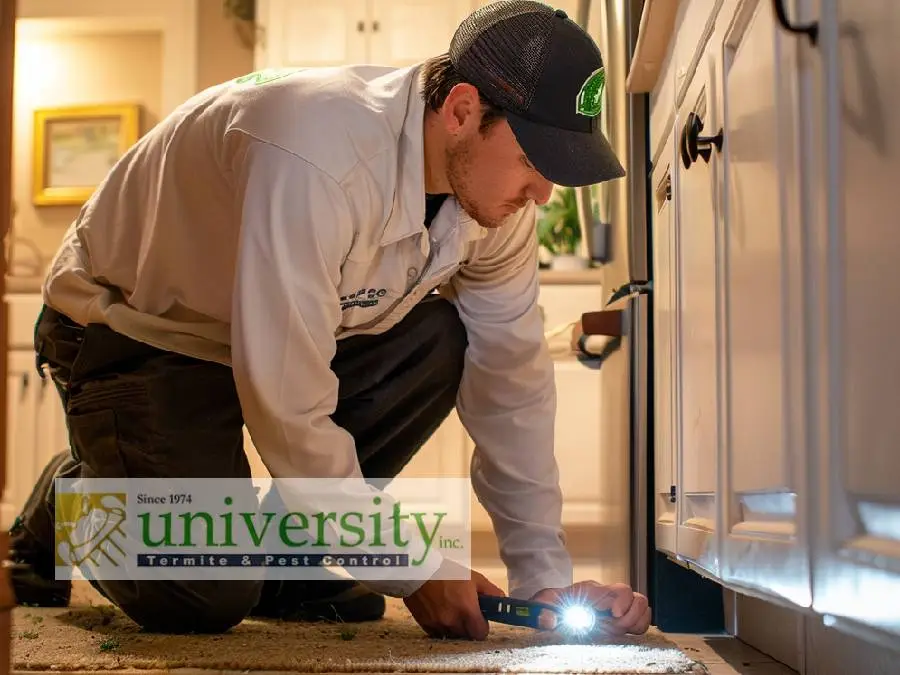 A pest control technician in a cap and uniform kneels on a kitchen floor, closely inspecting the area under cabinets with a flashlight. In the foreground, an "Auto Draft - University Termite & Pest Control, Inc." logo is visible.