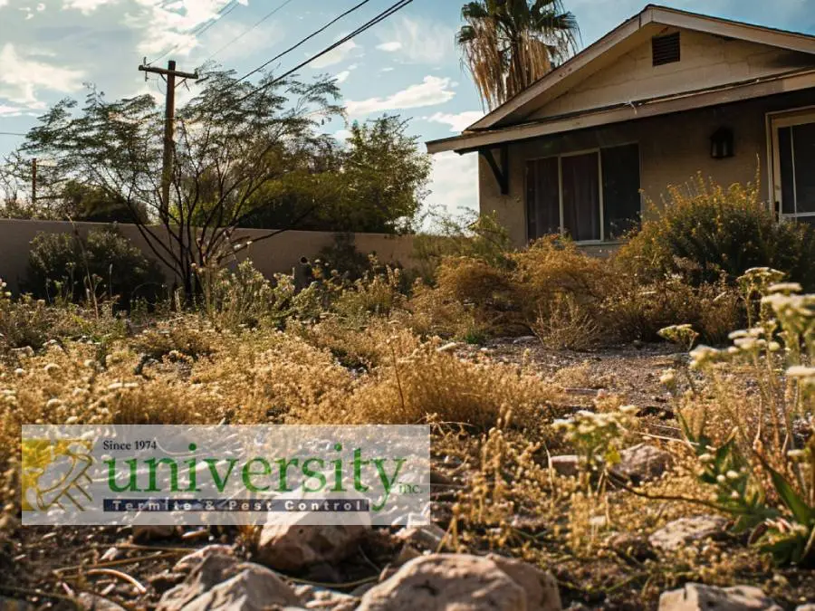 The image shows a residential building surrounded by a lush garden with various plants and shrubs. In the foreground, there is a sign for a pest control company called 'University Termite & Pest Control' that has been in business since 1974. The scene has a warm, natural feel with the sunlight filtering through the trees.