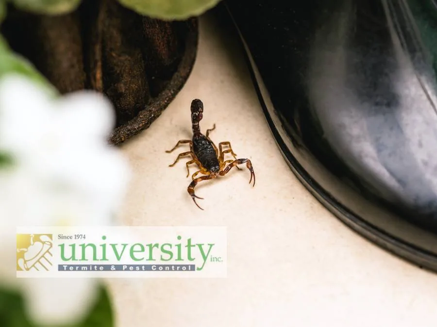 A scorpion is on the floor near a black shoe. There is a plant nearby, and a logo for "University Termite & Pest Control" is visible in the image.