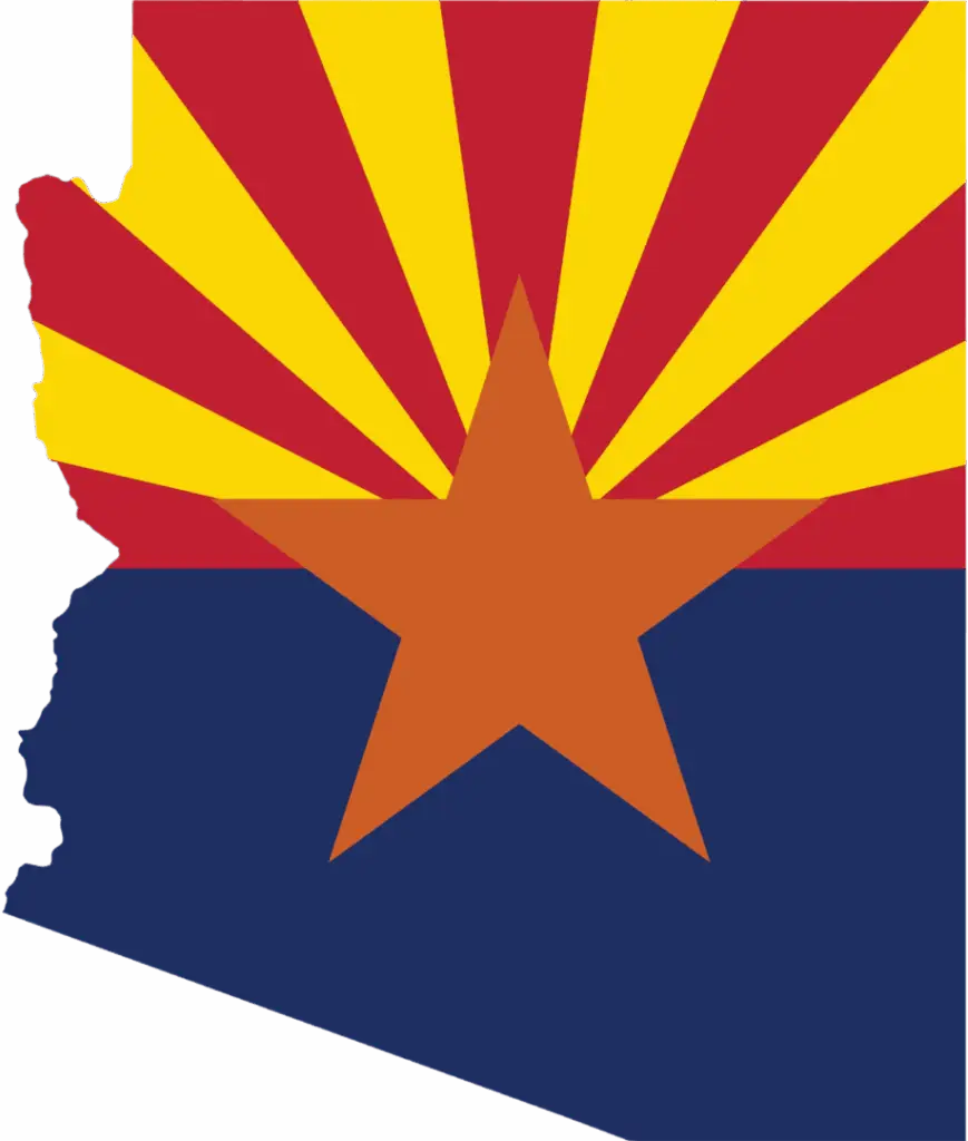 The Arizona state flag, featuring a red and yellow sunburst design with a central copper star.