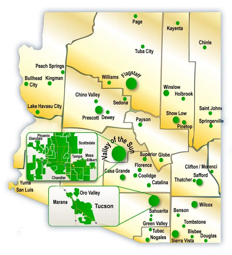 A map of Arizona showing various cities and towns, including Phoenix, Tucson, and Lake Havasu City.