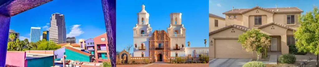 A historic Spanish mission-style building with bell towers against a bright blue sky